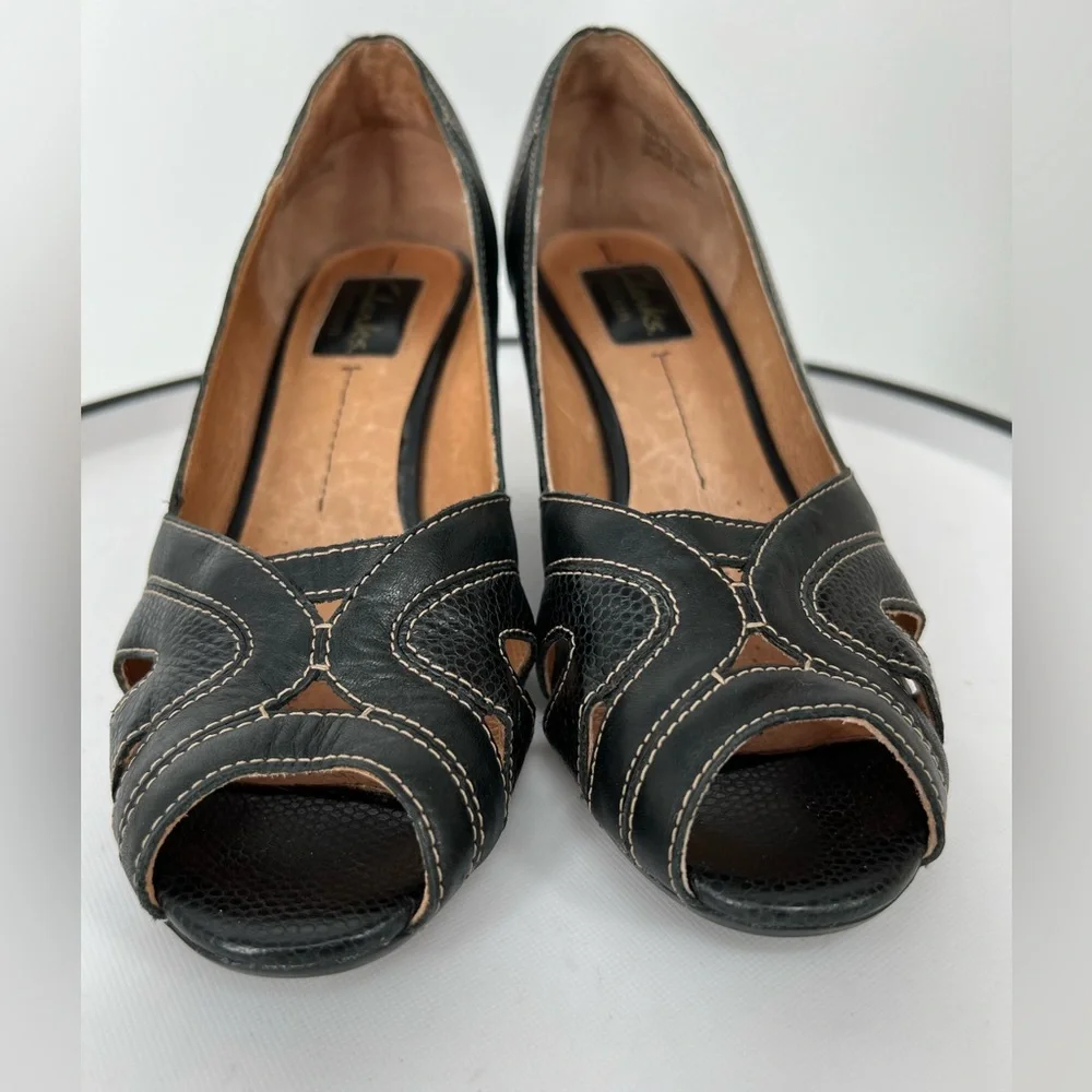 CLARKS ARTISAN BROWN‎ LEATHER OPEN TOE WEDGES CHOCOLATE BROWN PADDED INSOLES